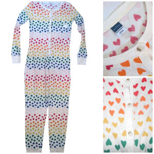Old Navy One Piece Pajama Small White Rainbow Hearts Waffle thermal - Henley New